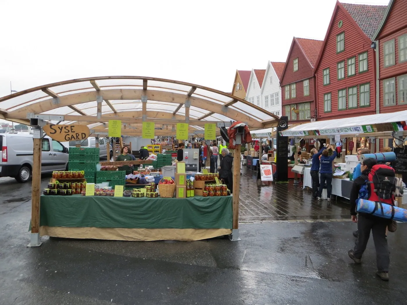 A stall of local food in front of Bryggen at the Bergen food festival.