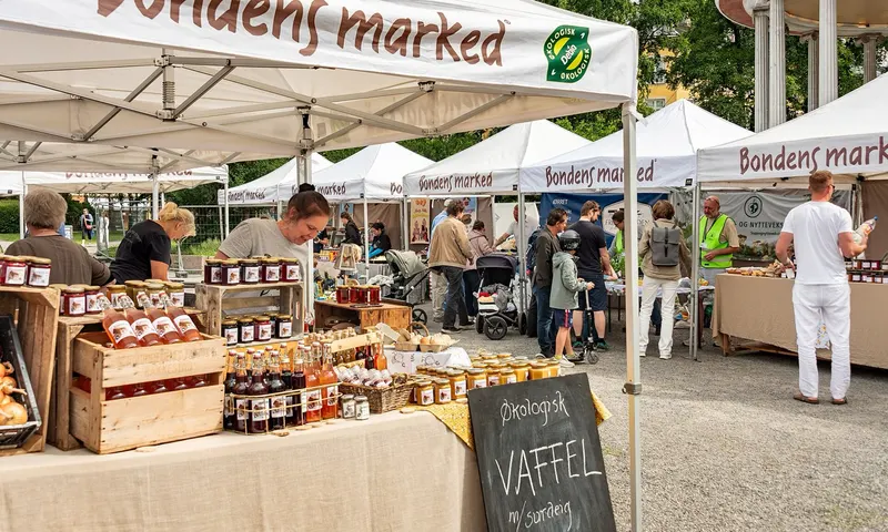 A stall of preserves, cordials and vegetables at Bondens marked in Oslo.