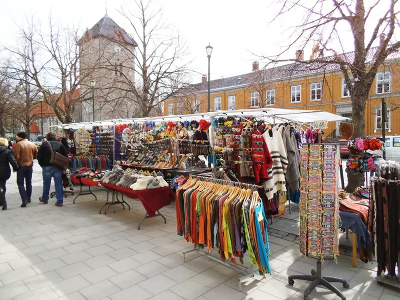 Market stalls (torgboder) on Torvet, Trondheim's market square, May 2013 — clothing, knitwear and crafts on sale