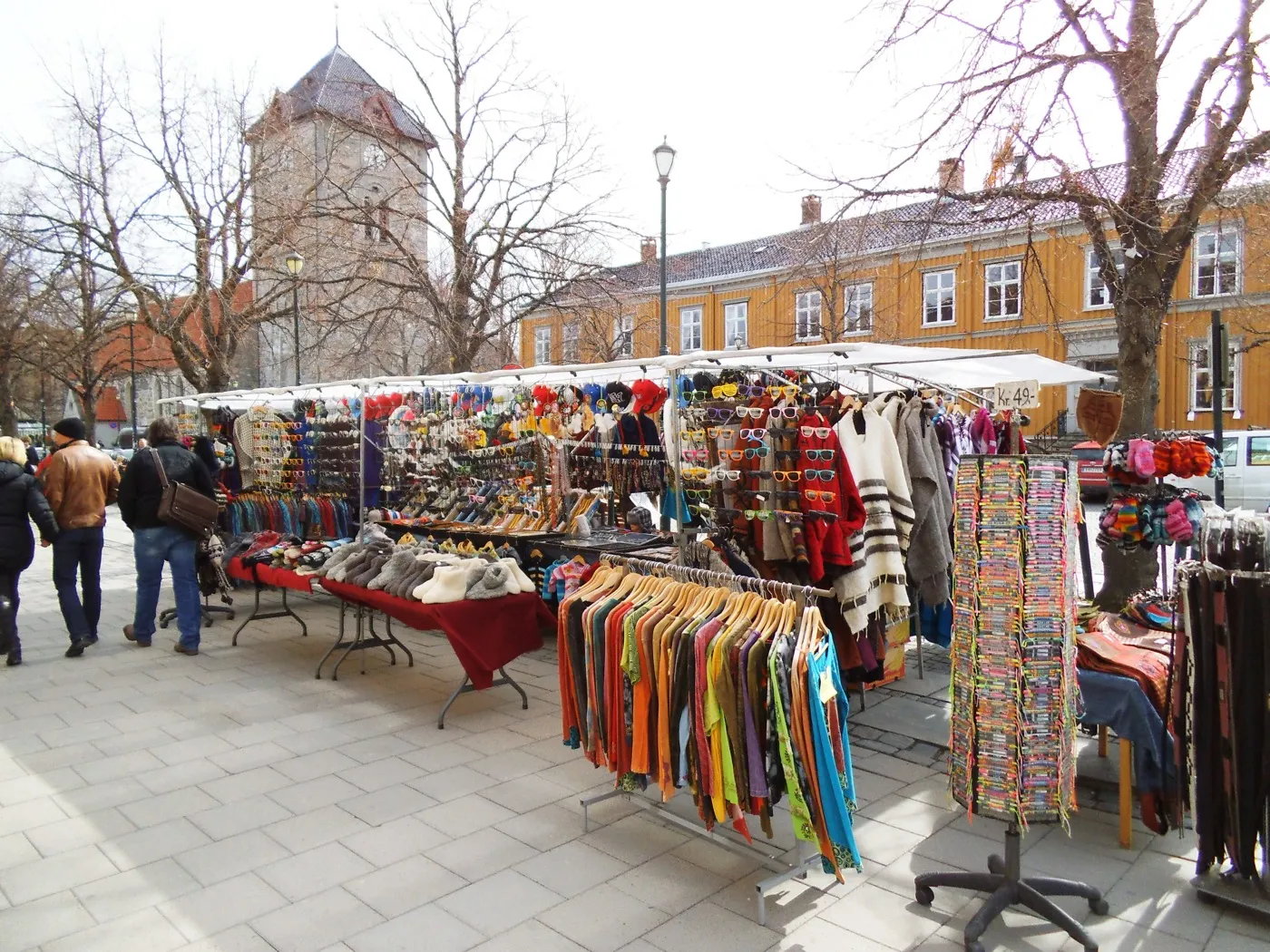 Market stalls (torgboder) on Torvet, Trondheim's market square, May 2013 — clothing, knitwear and crafts on sale