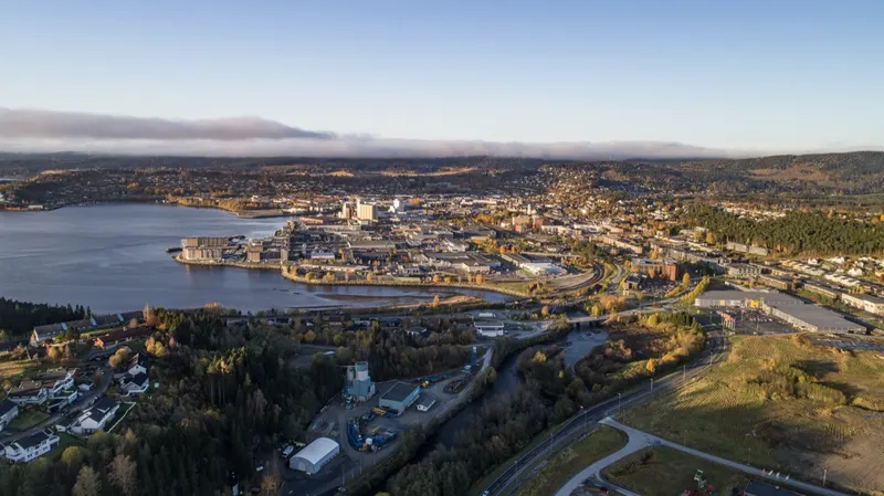 Aerial view of Steinkjer town centre, Trøndelag (2017) — the town where Steinkjermartnan takes place