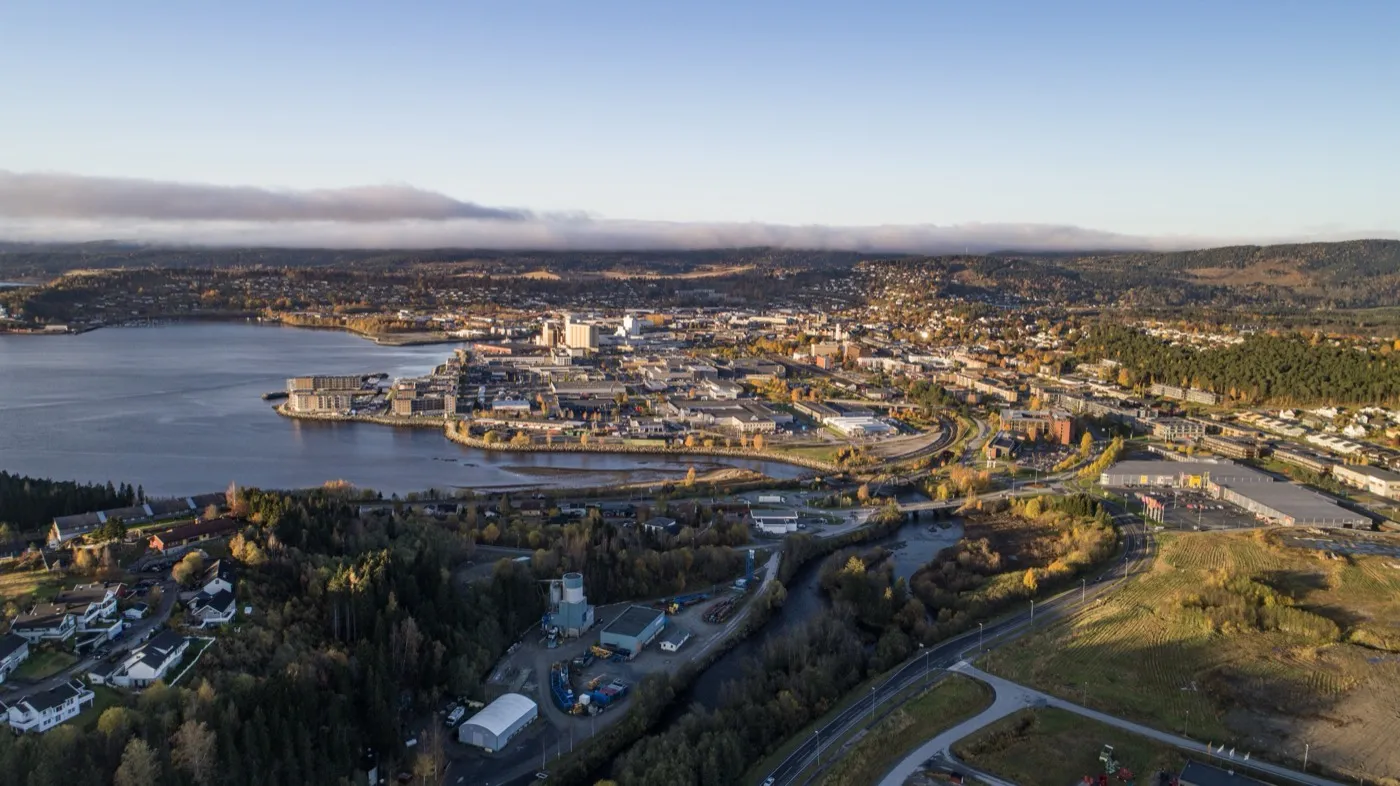 Aerial view of Steinkjer town centre, Trøndelag (2017) — the town where Steinkjermartnan takes place
