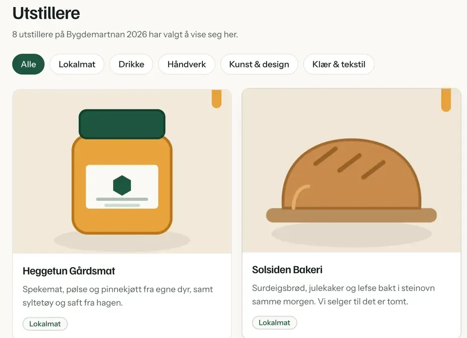 Utstillerlista: «8 utstillere på Bygdemartnan 2026 har valgt å vise seg her», filtre for varegruppe og kortet til Heggetun Gårdsmat.